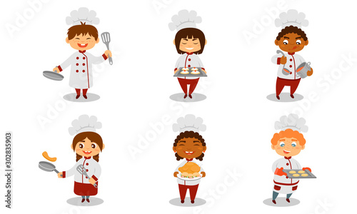 Children in the form of cooks with utensils. Vector illustration.