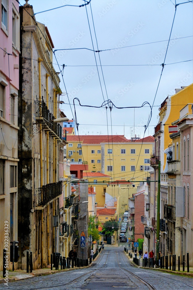 Narrow street in the Lisbon city Portugal 30.Oct.2019 It is famous for its beautiful labyrinthine streets