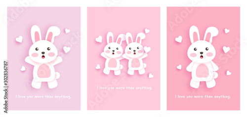 Set of valentine's cards with cute rabbits.