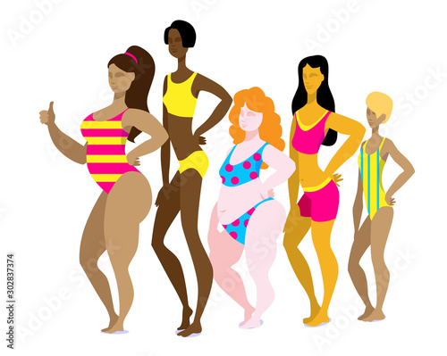 Five girls in colorful swimsuits with different figures and different races are standing.