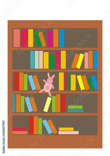 Bookcase with colorful books and funny hare, vector illustration.