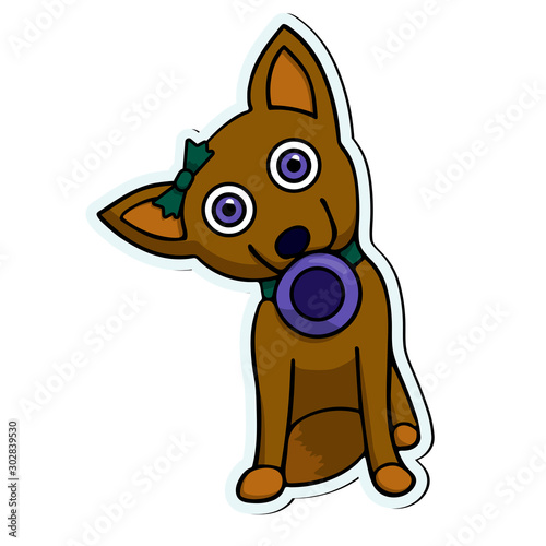 female dog with a bowl or frisbee in her mouth with bow. isolated cartoon sticker vector illustration