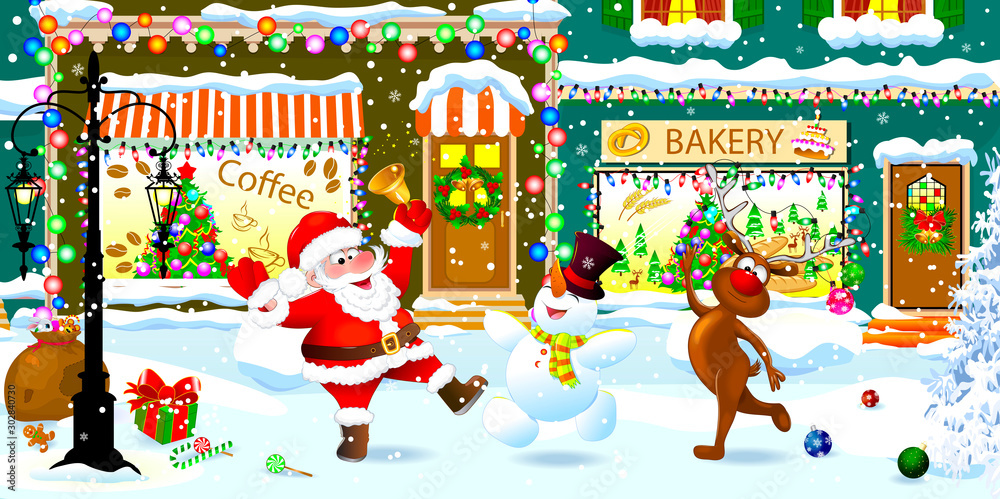 Naklejka premium Santa, snowman and reindeer celebrate Christmas on a city street