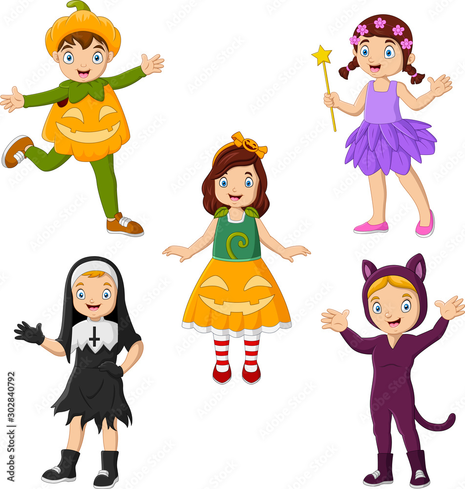 Group of cartoon kids wearing different costumes Group of cartoon kids wearing different costumes