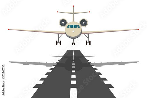 Jet aeroplane on runway. Aircraft takeoff from civil airline to blue sky realistic vector background illustrations. Travel plane in air, aircraft flight transportation