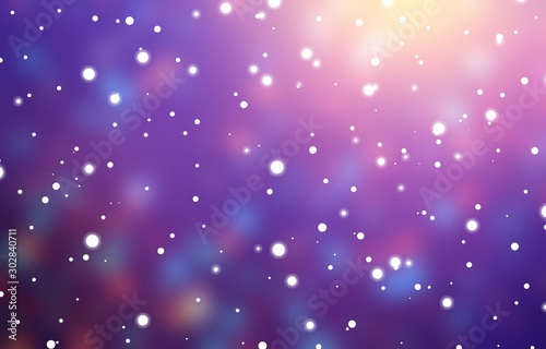 Snowfall purple glare empty background. Blurred confetti pattern texture. Xmas magic abstract illustration. Party night defocused backdrop. Wonderful holiday nature.