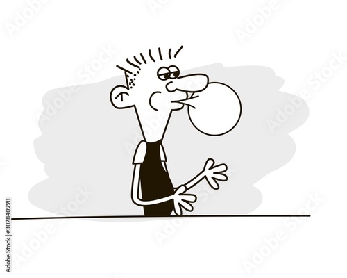 Man blowing a bubble with his chewing gum. Funny vector. Bad habits.