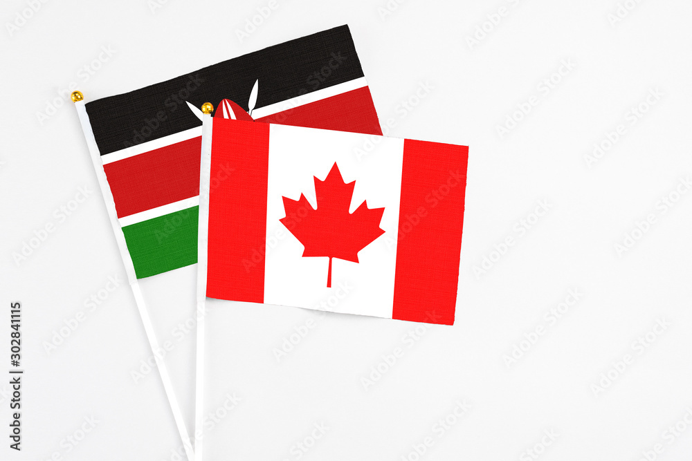 Canada and Kenya stick flags on white background. High quality fabric, miniature national flag. Peaceful global concept.White floor for copy space. Canada and Kenya stick flags on white background. High quality fabric, miniature national flag. Peaceful global concept.White floor for copy space.