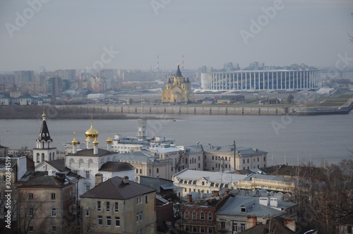 Oka bank with Alexander Nevsky Cathedral and stadium in Nizhny Novgorod in the afternoon photo