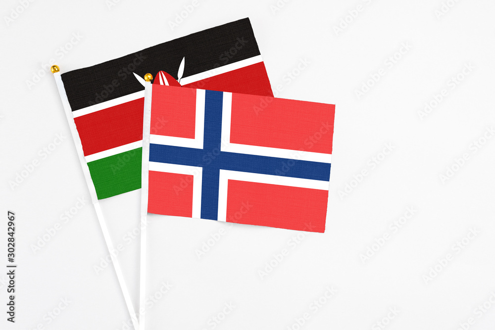 Norway and Kenya stick flags on white background. High quality fabric, miniature national flag. Peaceful global concept.White floor for copy space.