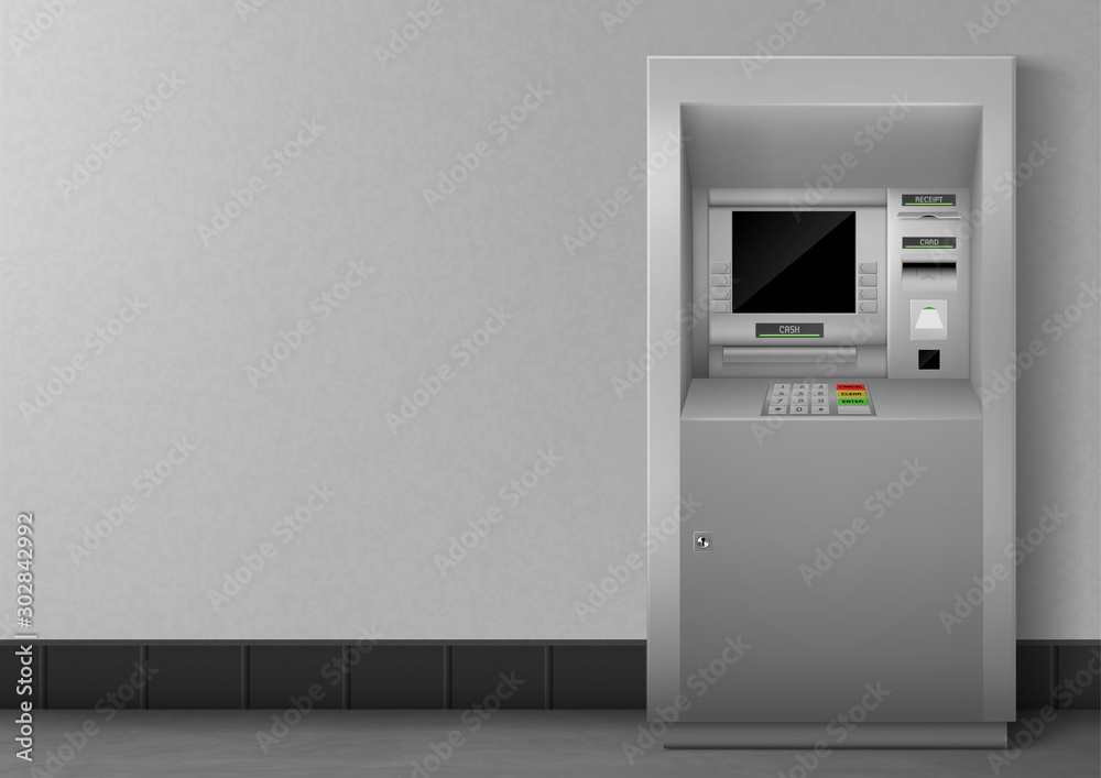 ATM with blank black display. Bank terminal for transaction, withdraw money and deposit to account. Vector illustration of realistic cash machine with copy space for your text.