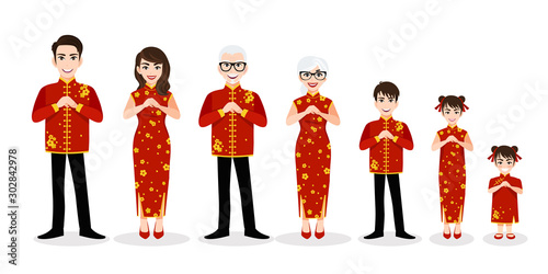 Chinese big family cartoon character greeting in Chinese new year festival on white background vector