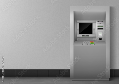 ATM with blank black display. Bank terminal for transaction, withdraw money and deposit to account. Vector illustration of realistic cash machine with copy space for your text. photo
