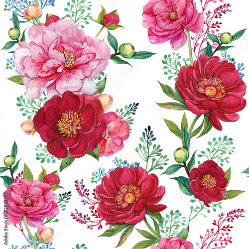 flowers seamless pattern for printing on textiles, Wallpaper .red and pink peonies. illustration watercolor hand painting © mitrushova