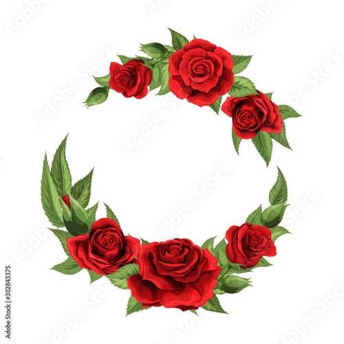 Valentines day postcard half wreath with red rose flowers bouquet