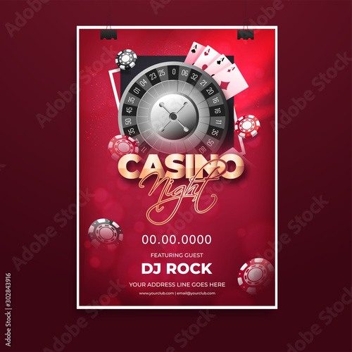 Casino Night party invitation card or template design with roulette wheel, playing cards and poker chip on red light effect background with venue details.