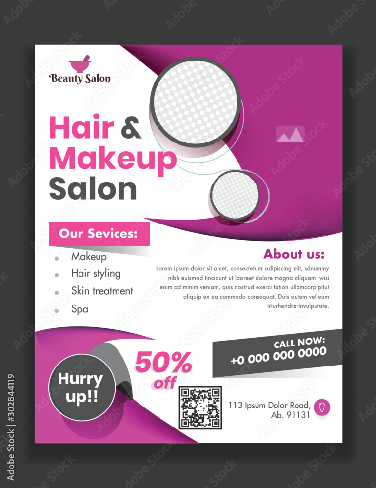Hair & Makeup Salon template or flyer design with given services and venue details for Advertising concept. Hair & Makeup Salon template or flyer design with given services and venue details for Advertising concept.