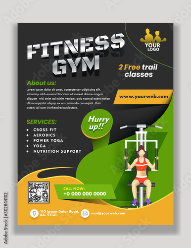 Advertising template or flyer design with venue details and illustration of woman exercising from lat machine for Fitness GYM.