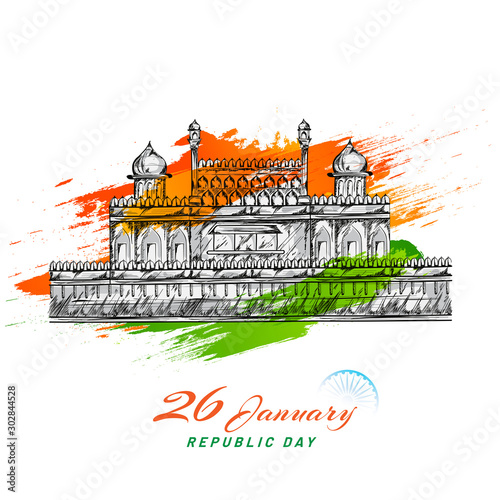 Sketching of Indian Monument Red Fort with green and saffron brush stroke effect on white background for 26 January  Republic Day.
