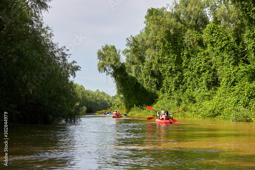 Group of friends kayaking in wild Danube river near shore with big green trees on biosphere reserve in spring. Concept for friendship, adventure, travel, action, lifestyle and kayaking