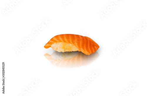 salmon sushi with reflection isolated on white