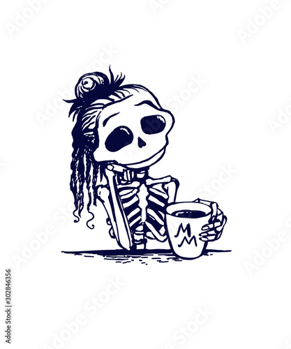 Cute skeleton girl character is drinking morning coffee. Memento mory