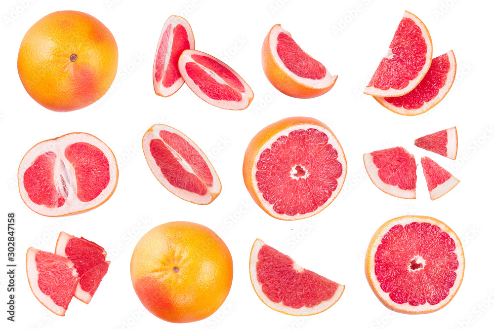 Grapefruit and slices with leaves isolated on white background. Top view. Flat lay pattern Grapefruit and slices with leaves isolated on white background. Top view. Flat lay pattern