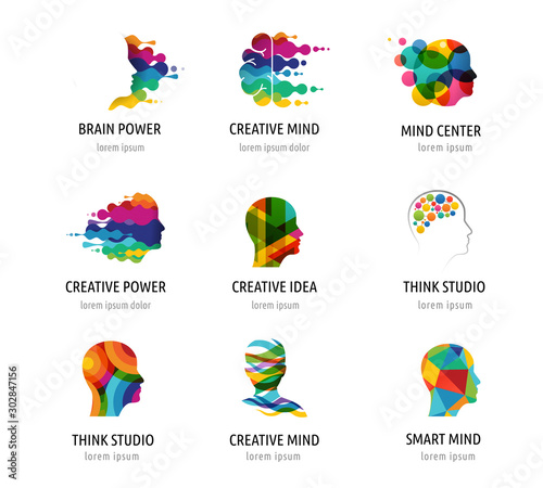 Brain, Creative mind, learning and design icons, logos. Man head, people symbols