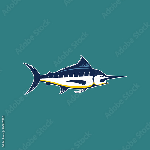 Marlin fish logo.Sword fish fishing emblem for sport club. Angry marlin fishing background theme vector illustration.
