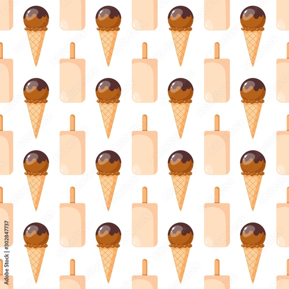 Bright flat seamless pattern with ice cream. Vector geometric hot summer Illustration for local farm market or some handmade icecream with background