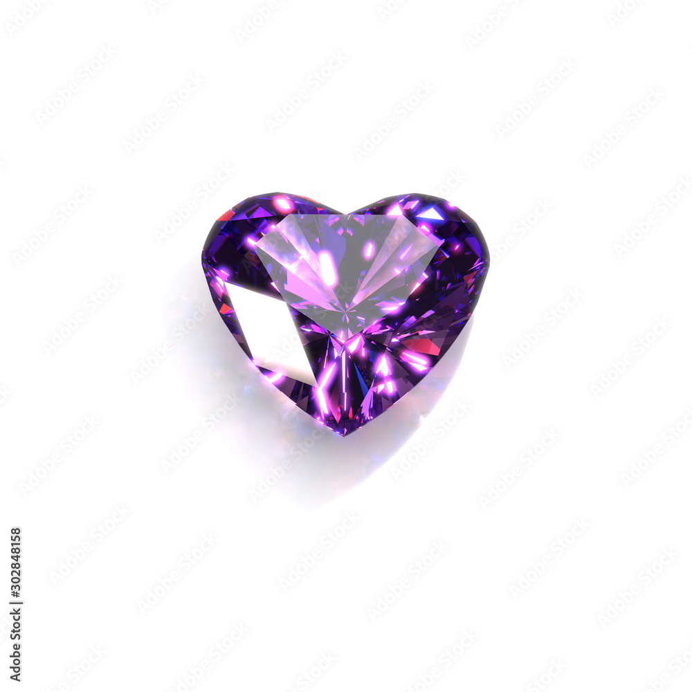Sparkling Heart Shape Cut Crystal of Purple Amethyst. 3D Illustration Isolated on White Background.