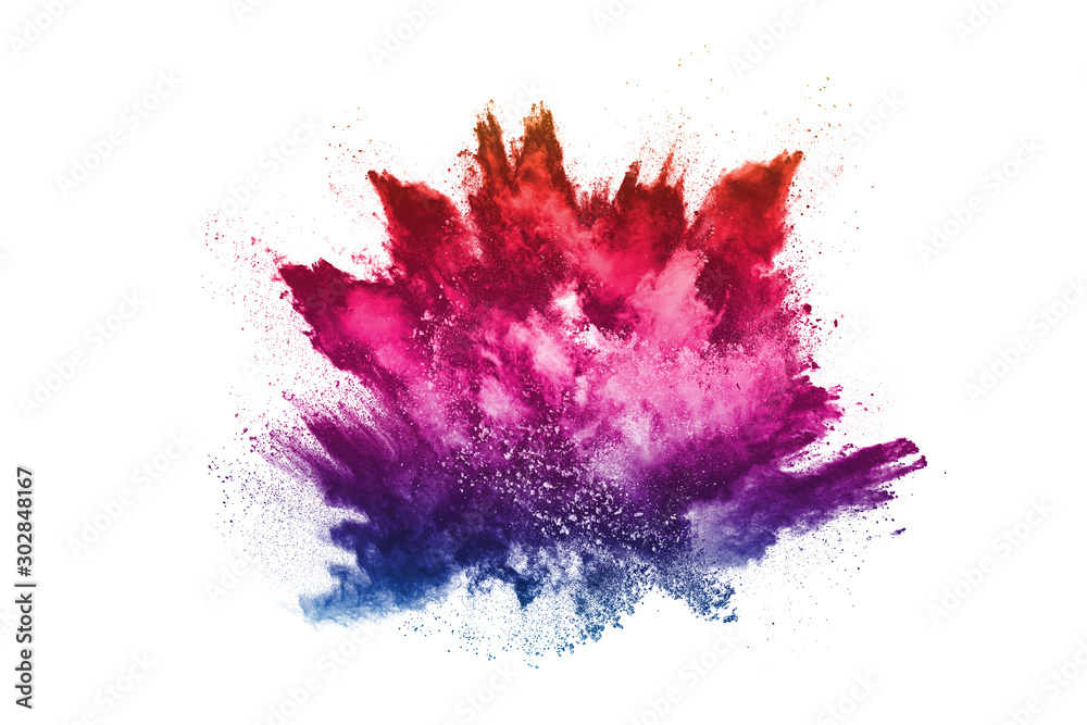 abstract powder splatted background. Colorful powder explosion on white background. Colored cloud. Colorful dust explode. Paint Holi.