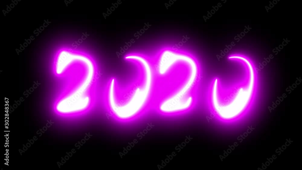 Violet neon light flashing countdown to the new year 2020. New year 2020 countdown animation fluorescent ultraviolet light glowing neon numbers. Alpha transparent. Seamless loop. 4K