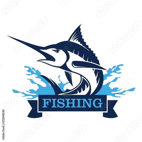Marlin fish logo.Sword fish fishing emblem for sport club. Angry marlin fishing background theme vector illustration.