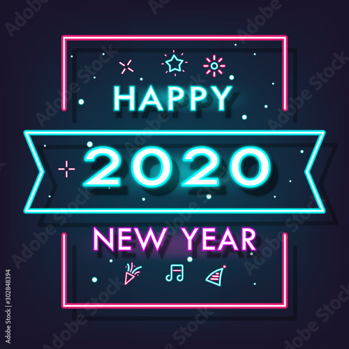 Happy New Year 2020 Shining Neon light background Vector illustration EPS10. Merry Christmas and Happy New Year celebration. Falling snow. Greeting card.