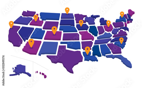 Pin map of the American states. Vector illustration isolated on white background
