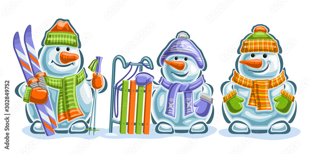 Vector set of cute Snowmans, 3 cut out blue smiling snowmans with carrot noses, sled and sport skis in green and orange mittens, knitted scarves and colorful modern hats on white background. Vector set of cute Snowmans, 3 cut out blue smiling snowmans with carrot noses, sled and sport skis in green and orange mittens, knitted scarves and colorful modern hats on white background.