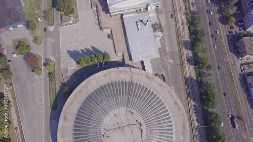 Beautiful aerial opening shot of Belgrade fair and city centre in summer day photo