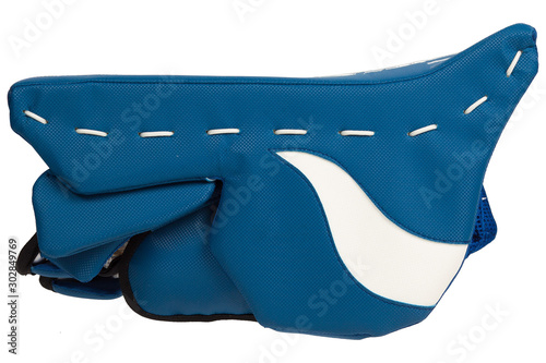 Photography Blue ice hockey goalie blocker isolated on white background.