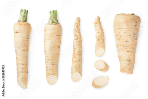 Parsley root and slices isolated on white background. Top view. Flat lay, Set or collection