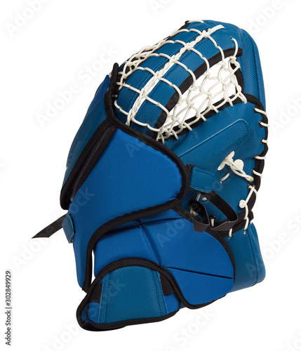 Canvas Print Blue and white ice hockey goalie catch glove isolated on white background