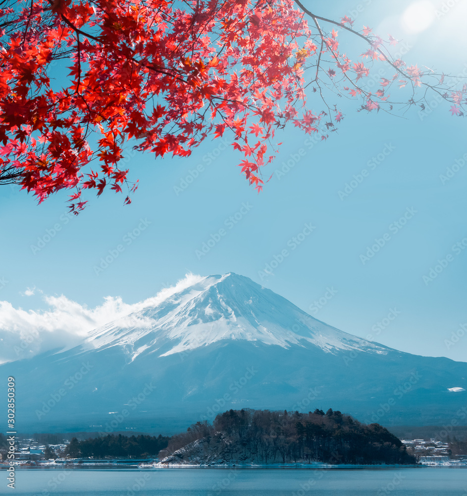 View of Kawaguchiko lake with maple leaves in front of fuji-san mountain famous place of Japan for the rourist.