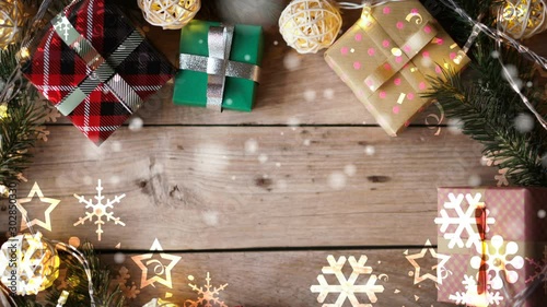 Christmas decoration on wooden table , snowflakes falling and copy space for celebration , new year , thanksgiving concept background