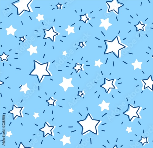 White stars, seamless pattern, vector. Contour, shining stars with rays on a light blue field. Imitation of a freehand drawing.  