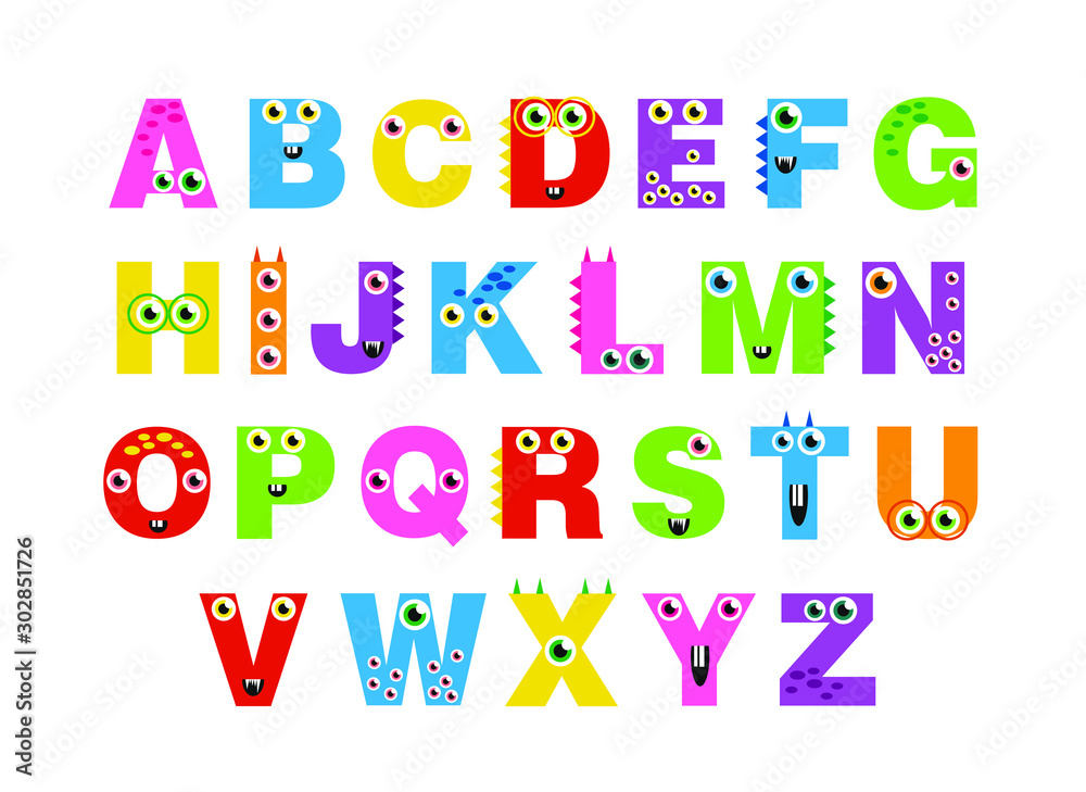 cute monsters ABC alphabet, decorative letters. alphabet for children. Kids learning material. Card for learning alphabet