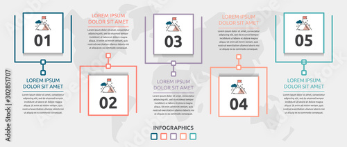 Vector flat infographic template. Line square with text and icons for five diagrams, graph, flowchart, timeline, marketing, presentation. Business concept with 5 options