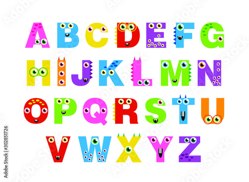 cute monsters ABC alphabet  decorative letters. alphabet for children. Kids learning material. Card for learning alphabet