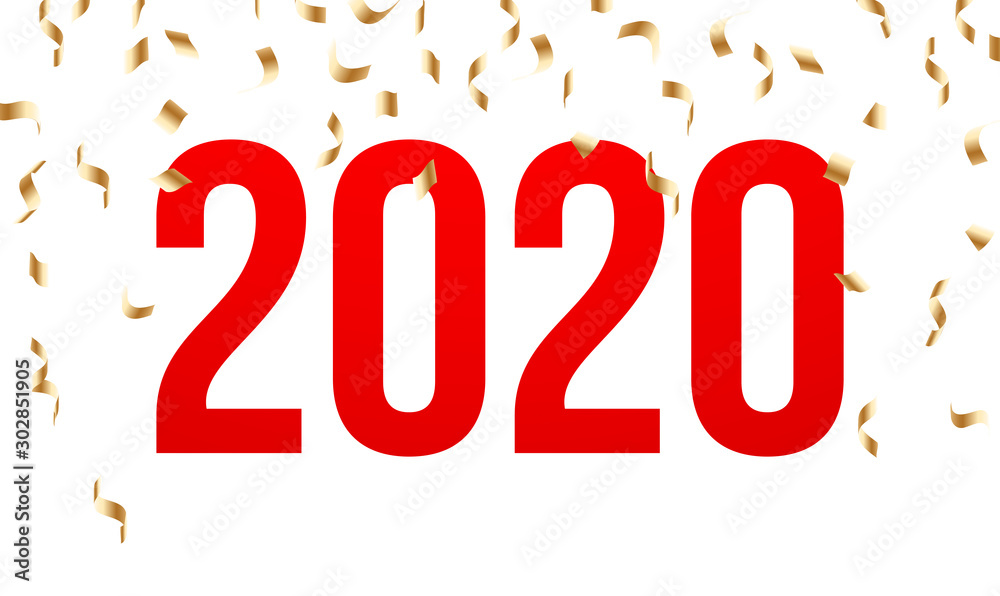 Happy 2020 New year holiday card with gold christmas confetti and tinsel and red greeting lettering isolated on white background. Merry Xmas banner in modern minimalistic design style with flat text Happy 2020 New year holiday card with gold christmas confetti and tinsel and red greeting lettering isolated on white background. Merry Xmas banner in modern minimalistic design style with flat text