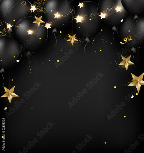 Black Friday sale banner. Black air balloons, golden 3d stars, confetti on the dark background .Template for decoration poster, cards, promotions.Vector illustration.