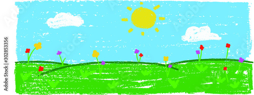 Wax crayon kid`s hand drawn grass hills with blue sky ,child`s drawn flowers set. kid`s painting spring and summer meadow. Vector pastel chalk background banner.